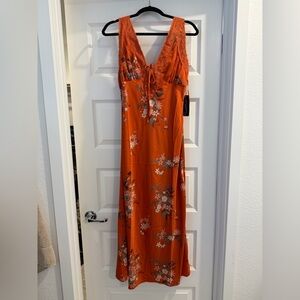 Floral Orange Lace-Trimmed Maxi Dress
